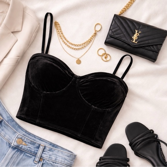 Open Edit Tops - Black Velvet Bustier Crop Top Corset Style S